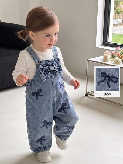 Genkimix Kids Baby Girl Denim Overalls, All-Season, Cute Casual Style, Vintage Medium Blue Denim Color, 3D Bowknot, Dark Blue Bowknot Embroidery Design, Loose Straight Leg Fit, Soft And Comfortable Fabric, Suitable For School, Commuting, Fashionable Versatile Outdoor Wear, All-Season Baby Girl Denim Overalls