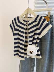 Franclia New Unique Striped Round Neck Cardigan, Versatile & Slimming Design For Women Spring Vintage Croptop - Navy Blue - View 7