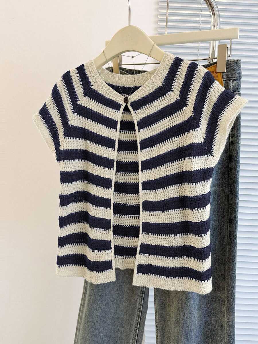 Franclia New Unique Striped Round Neck Cardigan, Versatile & Slimming Design For Women Spring Vintage Croptop - Navy Blue - View 1