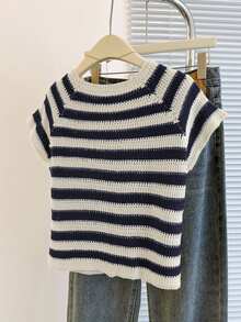 Franclia New Unique Striped Round Neck Cardigan, Versatile & Slimming Design For Women Spring Vintage Croptop - Navy Blue - View 2