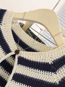 Franclia New Unique Striped Round Neck Cardigan, Versatile & Slimming Design For Women Spring Vintage Croptop - Navy Blue - View 5
