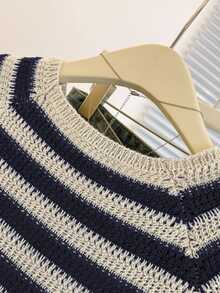 Franclia New Unique Striped Round Neck Cardigan, Versatile & Slimming Design For Women Spring Vintage Croptop - Navy Blue - View 6