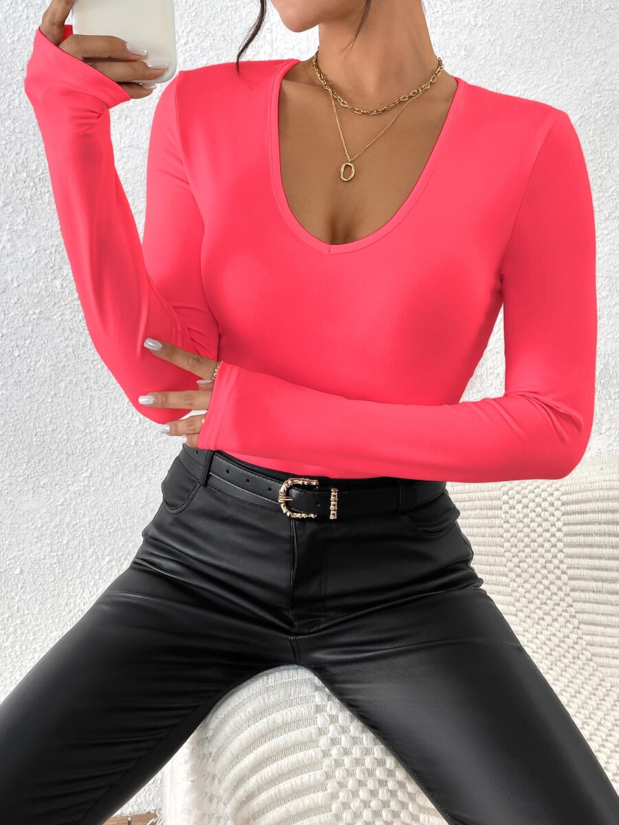 INAWLY Casual Minimalist Solid Color Slim Fit Long Sleeve T-Shirt, Autumn Season Fall Cloth For Women - Burnt Orange - View 1
