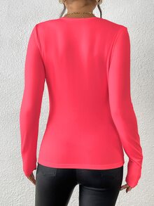 INAWLY Casual Minimalist Solid Color Slim Fit Long Sleeve T-Shirt, Autumn Season Fall Cloth For Women - Burnt Orange - View 2