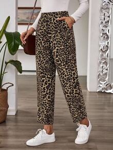 EMERY ROSE Women's Leopard Print Pocket Casual Ugly Daily Wear Long Pants Vacation Beige Summer - Brown - View 1