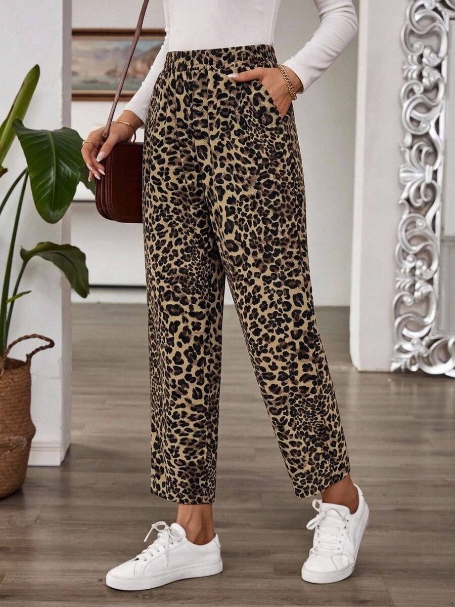 EMERY ROSE Women's Leopard Print Pocket Casual Ugly Daily Wear Long Pants Vacation Beige Summer - Brown - View 1