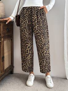EMERY ROSE Women's Leopard Print Pocket Casual Ugly Daily Wear Long Pants Vacation Beige Summer - Brown - View 4