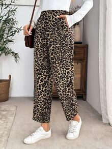 EMERY ROSE Women's Leopard Print Pocket Casual Ugly Daily Wear Long Pants Vacation Beige Summer - Brown - View 8