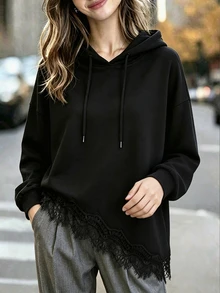 SHEIN LUNE Women's Lace Patchwork Asymmetrical Hem Long Sleeve Hooded Sweatshirt - Black - View 1