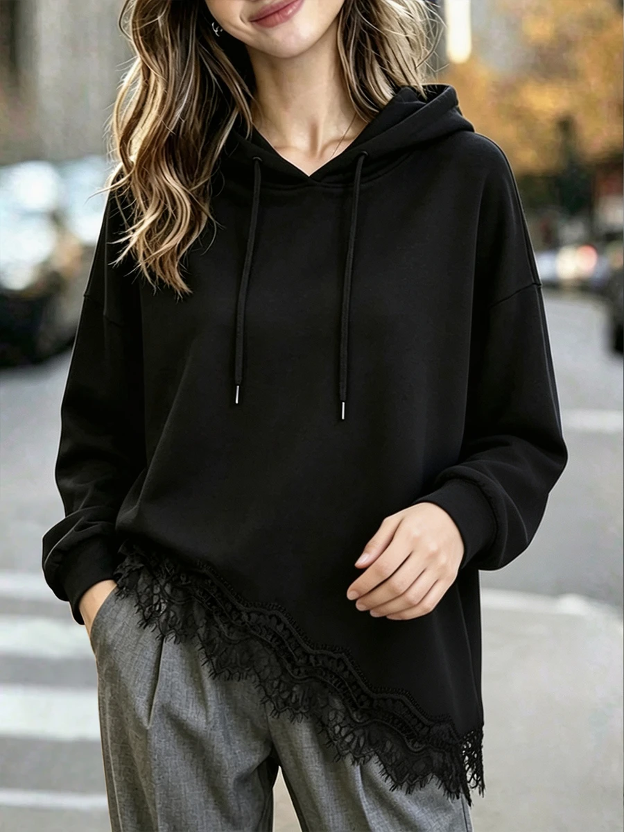SHEIN LUNE Women's Lace Patchwork Asymmetrical Hem Long Sleeve Hooded Sweatshirt - Black - View 1