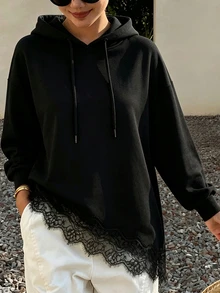 SHEIN LUNE Women's Lace Patchwork Asymmetrical Hem Long Sleeve Hooded Sweatshirt - Black - View 3