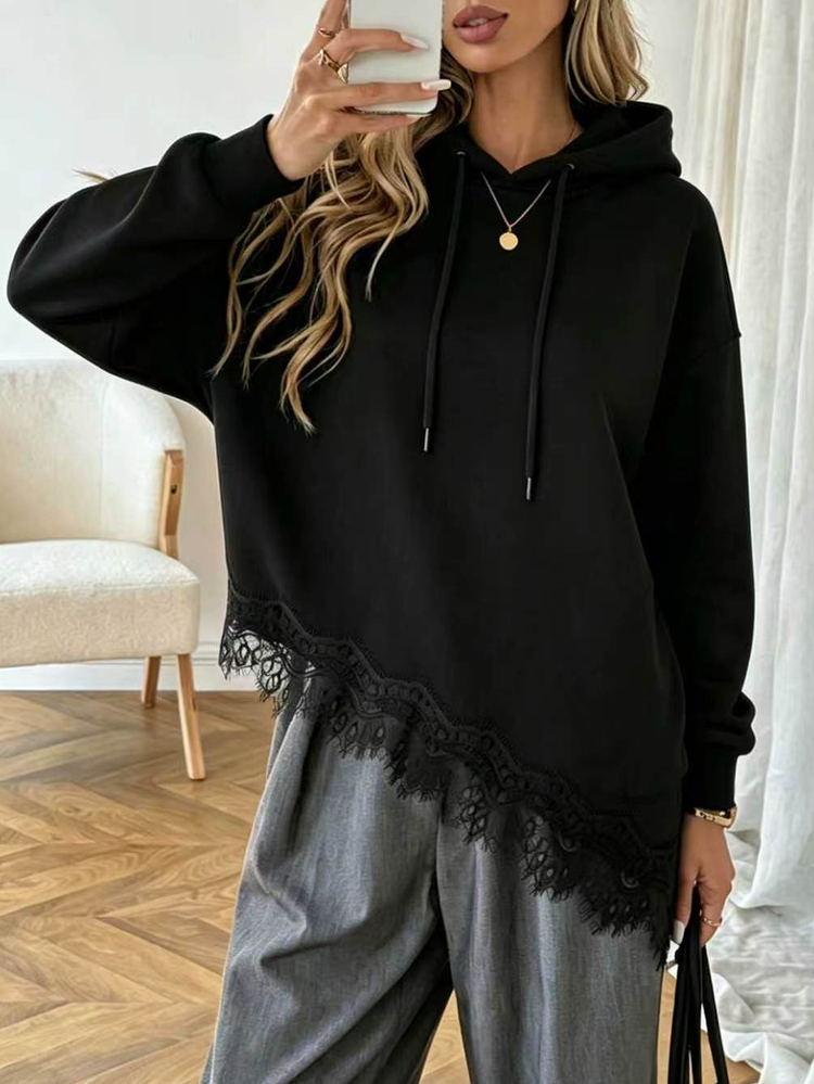 SHEIN LUNE 女款蕾絲拼接不對稱下擺長袖連帽衛衣 - 黑色 - 查看 4