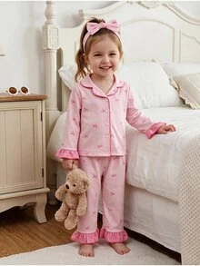 Baby Girl Striped Butterfly Flower Embroidery Pattern Long Sleeve Top And Long Pants Casual Daily Home Pajama Set - Pink - View 5