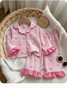 Baby Girl Striped Butterfly Flower Embroidery Pattern Long Sleeve Top And Long Pants Casual Daily Home Pajama Set - Pink - View 2
