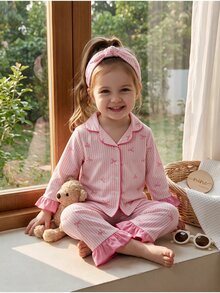Baby Girl Striped Butterfly Flower Embroidery Pattern Long Sleeve Top And Long Pants Casual Daily Home Pajama Set - Pink - View 4