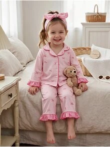 Baby Girl Striped Butterfly Flower Embroidery Pattern Long Sleeve Top And Long Pants Casual Daily Home Pajama Set - Pink - View 3