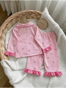 Baby Girl Striped Butterfly Flower Embroidery Pattern Long Sleeve Top And Long Pants Casual Daily Home Pajama Set - Pink - View 8