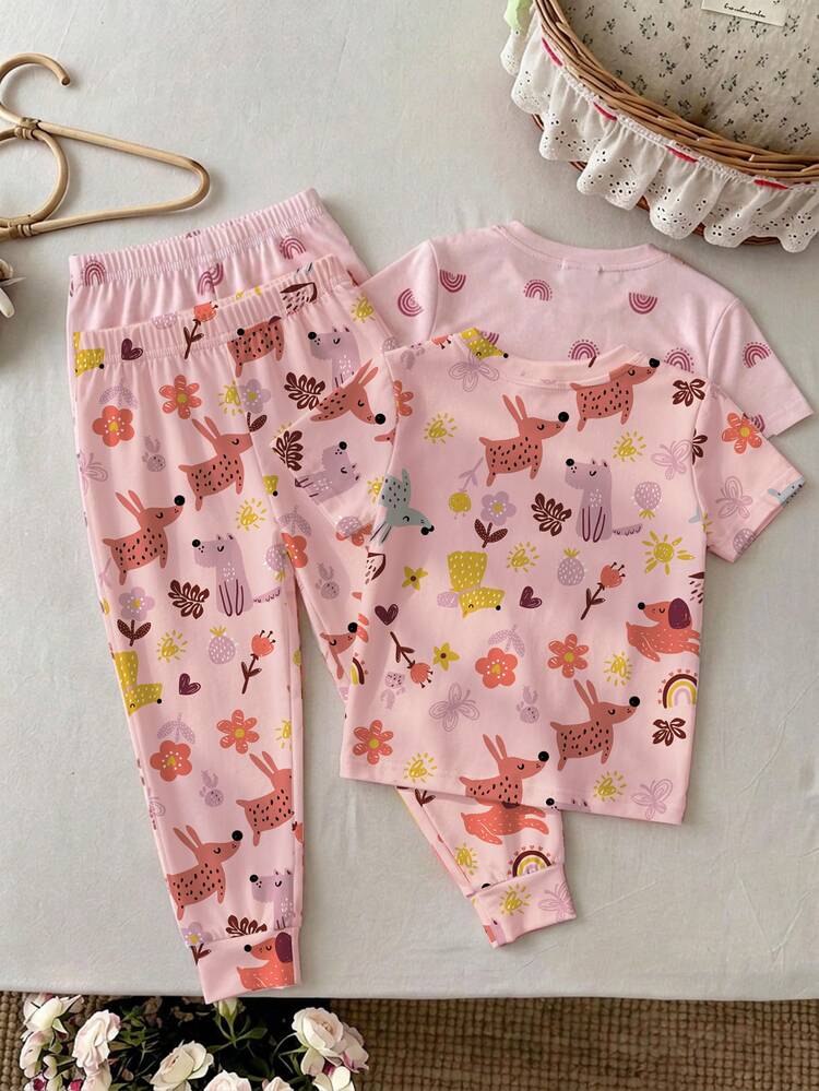 Tween Girl Casual Minimalist Cute Animal & Floral Print, Sweet Creamy Style, Comfortable Short Sleeve & Long Pants Patchwork Cuffed Leg Snug Fit Loungewear, Suitable For Spring/Summer, Graphic, Squishy, Kawaii, Cozy - Multicolor - View 5