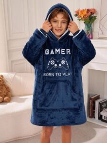SHEIN Kids Tween Boy Autumn/Winter Game Console Pattern Hooded Long Sleeve Kangaroo Pocket Fleece Long Sweatshirt - Navy Blue - View 1