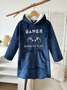SHEIN Kids Tween Boy Autumn/Winter Game Console Pattern Hooded Long Sleeve Kangaroo Pocket Fleece Long Sweatshirt - Navy Blue - View 7