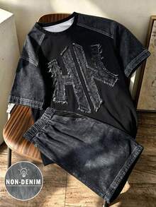 Mirajuku 2pcs Tween Boy Minimalist Fashion High Street Snow-Flake Knit Crew Neck Pullover T-Shirt And Shorts Set, Comfortable Fabric, Fit, Spring/Summer New Style, Suitable For Multiple Seasons And Occasions - Black - View 2