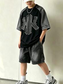 Mirajuku 2pcs Tween Boy Minimalist Fashion High Street Snow-Flake Knit Crew Neck Pullover T-Shirt And Shorts Set, Comfortable Fabric, Fit, Spring/Summer New Style, Suitable For Multiple Seasons And Occasions - Black - View 5