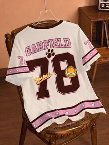 GARFIELD | SHEIN 女款字母印花圓領短袖休閒街頭風T恤，米色，適合學校日常穿著，夏季款 - 白色 - 查看 2