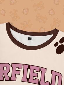 GARFIELD | SHEIN 女款字母印花圓領短袖休閒街頭風T恤，米色，適合學校日常穿著，夏季款 - 白色 - 查看 3