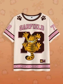 GARFIELD | SHEIN 女款字母印花圓領短袖休閒街頭風T恤，米色，適合學校日常穿著，夏季款 - 白色 - 查看 7