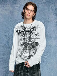 ROMWE MEN Casual Men's Plus Size Dark Style Cross Skull Graphic Print Long Sleeve T-Shirt - White - View 8