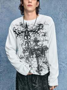 ROMWE MEN Casual Men's Plus Size Dark Style Cross Skull Graphic Print Long Sleeve T-Shirt - White - View 1