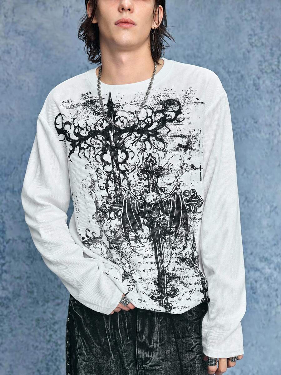 ROMWE MEN Casual Men's Plus Size Dark Style Cross Skull Graphic Print Long Sleeve T-Shirt - White - View 1