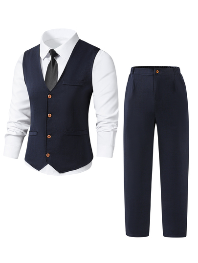 SHEIN 2pcs/Set Teen Boy Gentleman Outfit,Navy Blue Slim Fit Vest+Textured Pants,Elegant Formal Suit For Wedding Guest,Pageboy,Ring Bearer,Summer,Christmas