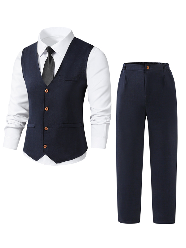 SHEIN 2pcs/Set Teen Boy Gentleman Outfit,Navy Blue Slim Fit Vest+Textured Pants,Elegant Formal Suit For Wedding Guest,Pageboy,Ring Bearer,Summer,Christmas