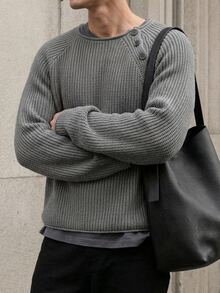 Claim Dot 男士純色休閒百搭日常穿著長袖針織衫 - 灰色 - 查看 3
