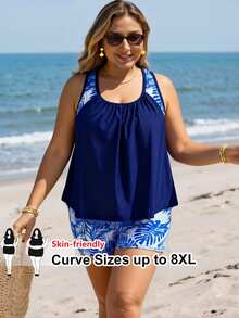SHEIN CURVE+ 大尺碼女款熱帶植物印花粉色與白色海灘度假兩件式背心比基尼 - 藍色 - 查看 1