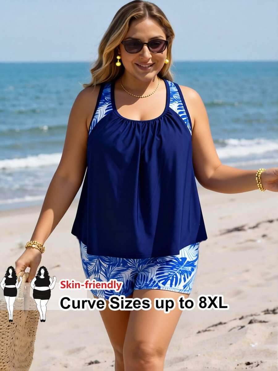 SHEIN CURVE+ 大尺碼女款熱帶植物印花粉色與白色海灘度假兩件式背心比基尼 - 藍色 - 查看 1