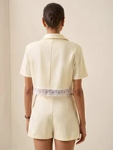 Briarwyn 女款蕾絲拼接重疊上衣與裙褲休閒浪漫優雅日常兩件套，奶油白白色，適合夏季婚禮生日派對 - 杏色 - 查看 7