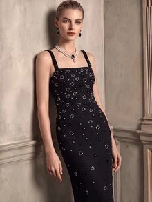 Anewsta Women's Beaded Decor Fitted Elegant Spaghetti Strap Evening Dress - Black - View 4