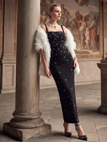 Anewsta Women's Beaded Decor Fitted Elegant Spaghetti Strap Evening Dress - Black - View 7
