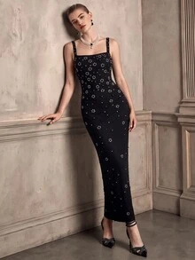 Anewsta Women's Beaded Decor Fitted Elegant Spaghetti Strap Evening Dress - Black - View 3