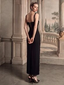 Anewsta Women's Beaded Decor Fitted Elegant Spaghetti Strap Evening Dress - Black - View 2