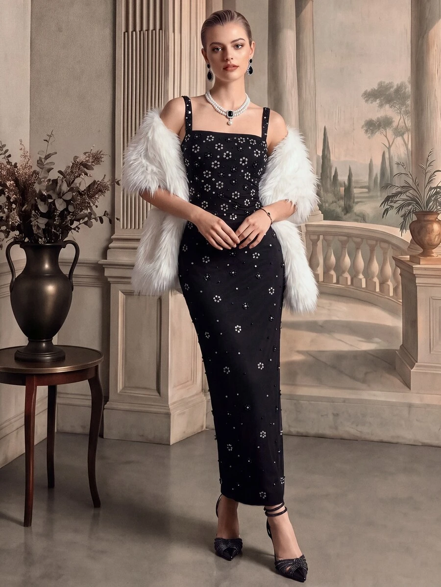 Anewsta Women's Beaded Decor Fitted Elegant Spaghetti Strap Evening Dress - Black - View 1