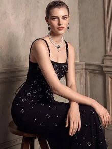 Anewsta Women's Beaded Decor Fitted Elegant Spaghetti Strap Evening Dress - Black - View 5