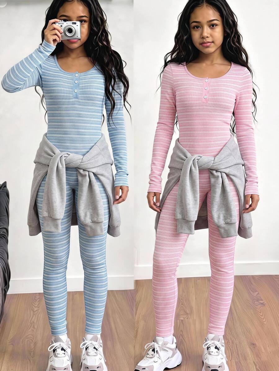SHEIN Tween Girl Long Sleeve Jumpsuit, Vacation, Daily - Multicolor - View 1