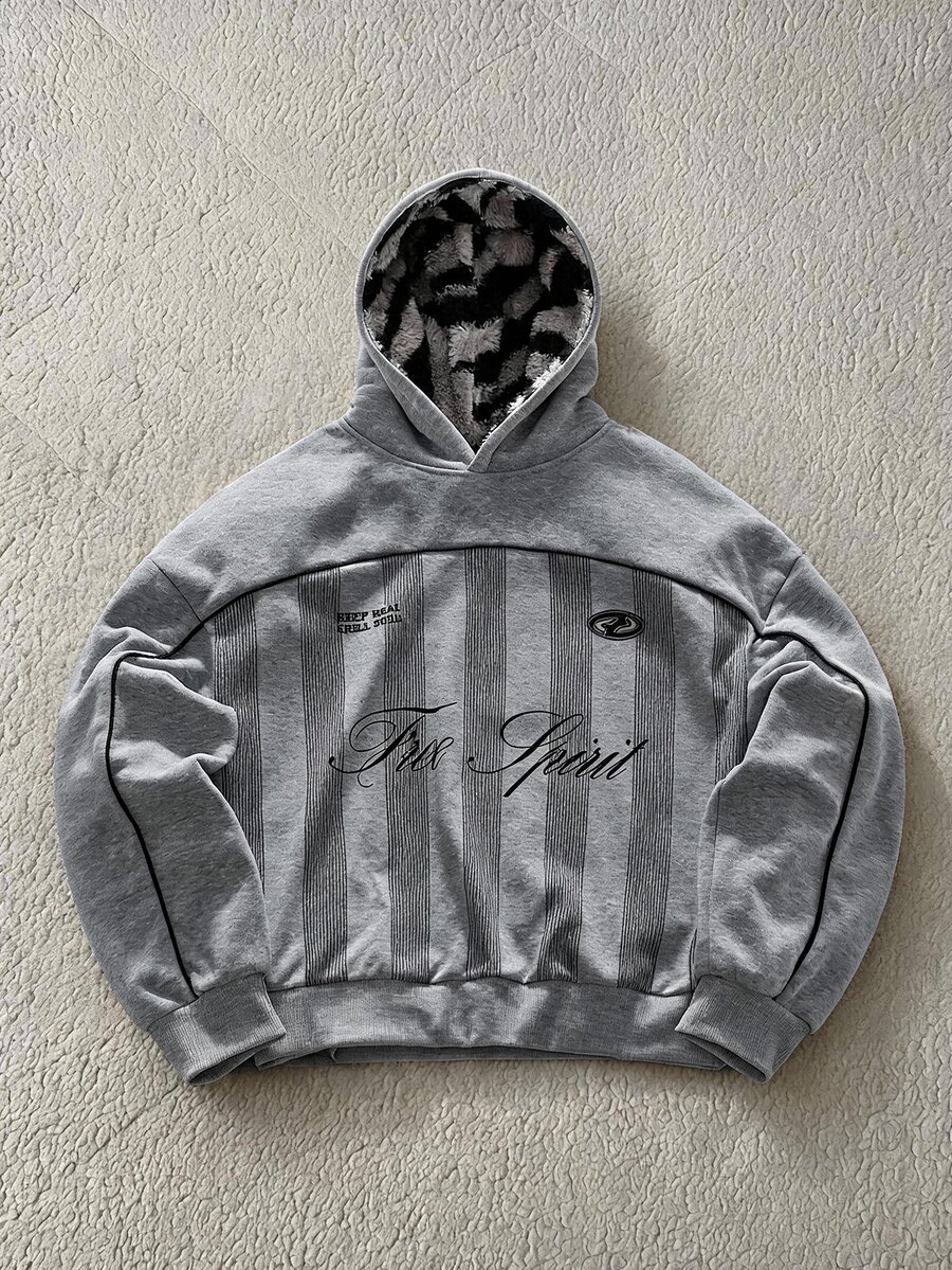 FRESIVO Men's Letter Print American Deconstructed Curved Split Casual Vacation Hoodie, Vintage Y2K Baggy Streetwear, For Holiday - Grey - View 1