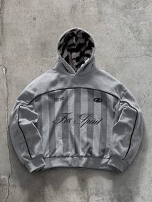 FRESIVO Men's Letter Print American Deconstructed Curved Split Casual Vacation Hoodie, Vintage Y2K Baggy Streetwear, For Holiday - Grey - View 6