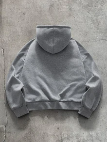 FRESIVO Men's Letter Print American Deconstructed Curved Split Casual Vacation Hoodie, Vintage Y2K Baggy Streetwear, For Holiday - Grey - View 2