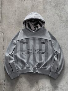 FRESIVO Men's Letter Print American Deconstructed Curved Split Casual Vacation Hoodie, Vintage Y2K Baggy Streetwear, For Holiday - Grey - View 3