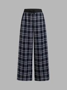 SHEIN Tween Girl Plaid Print Kids Elastic Waist Wide Leg Pants - Navy Blue - View 3
